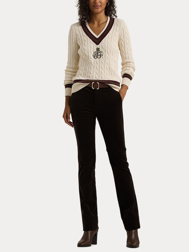 Pulover de cricket Lauren Ralph Lauren Cream tricotat cu torsade 100% bumbac cu logo - Imaginea 7 din 7