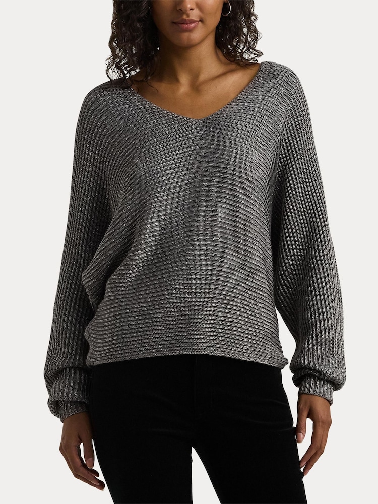 Lauren Ralph Lauren V Neck Textured Ribbed Jumper - Image 4 of 5