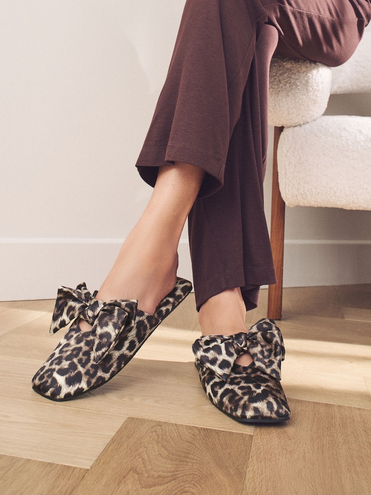 Animal Linen Blend Bow Mule Slippers - Image 1 of 8