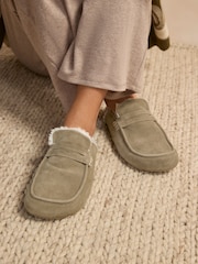 Khaki Green Suede Loafer Mule Slippers with Borg Lining - Image 1 of 8