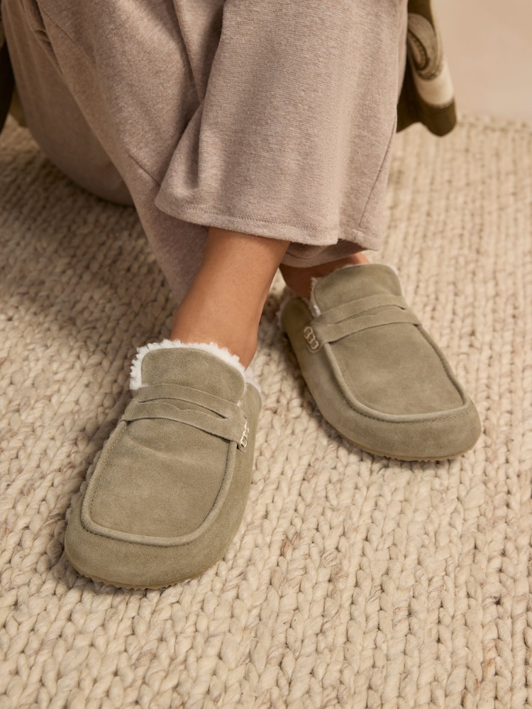 Khaki Green Suede Loafer Mule Slippers with Borg Lining - Image 1 of 8