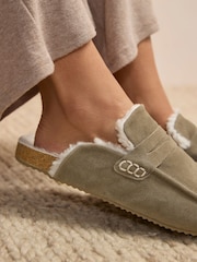 Khaki Green Suede Loafer Mule Slippers with Borg Lining - Image 2 of 8