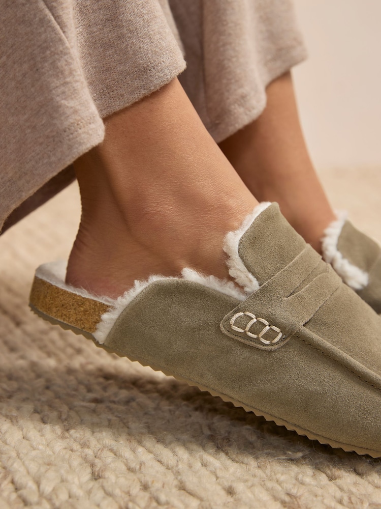 Khaki Green Suede Loafer Mule Slippers with Borg Lining - Image 2 of 8