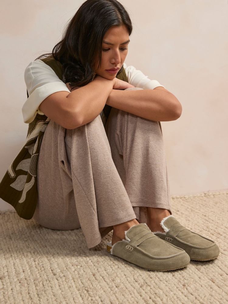 Khaki Green Suede Loafer Mule Slippers with Borg Lining - Image 3 of 8