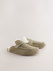 Khaki Green Suede Loafer Mule Slippers with Borg Lining - Image 4 of 8