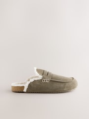 Khaki Green Suede Loafer Mule Slippers with Borg Lining - Image 5 of 8