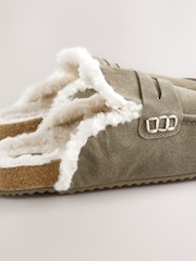 Khaki Green Suede Loafer Mule Slippers with Borg Lining - Image 7 of 8