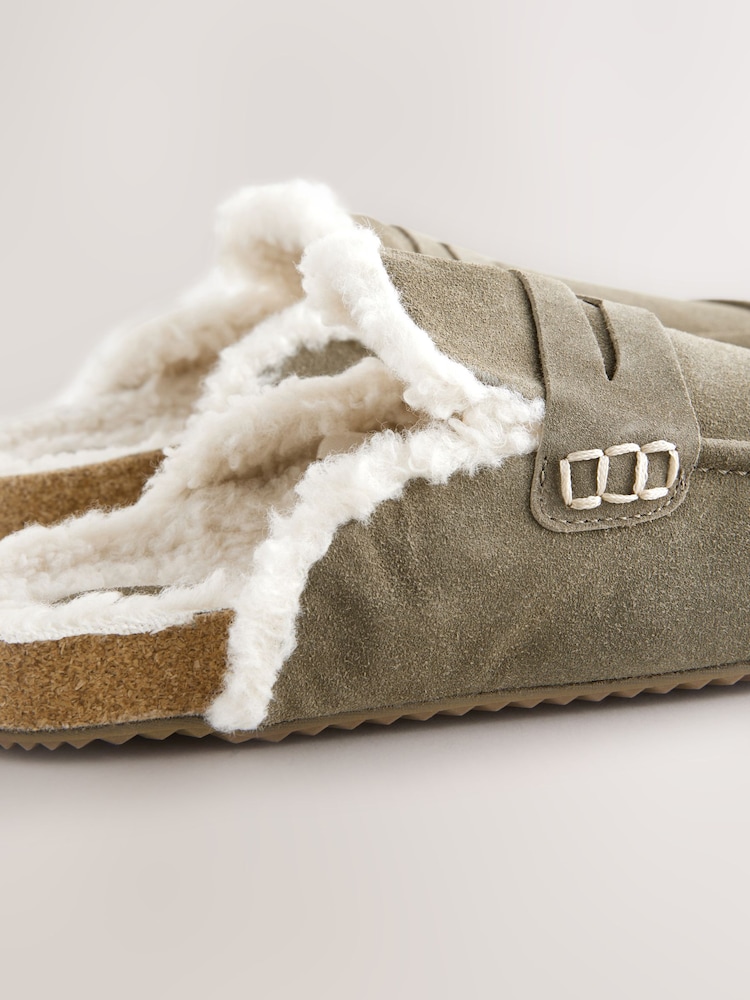 Khaki Green Suede Loafer Mule Slippers with Borg Lining - Image 7 of 8
