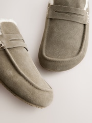 Khaki Green Suede Loafer Mule Slippers with Borg Lining - Image 8 of 8