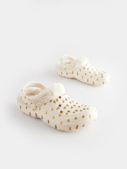 White/Gold Heart Womens Faux Fur Lined Clogs Slippers - Image 3 of 8
