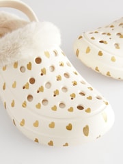 White/Gold Heart Womens Faux Fur Lined Clogs Slippers - Image 5 of 8