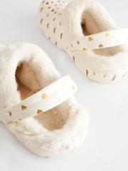 White/Gold Heart Womens Faux Fur Lined Clogs Slippers - Image 6 of 8