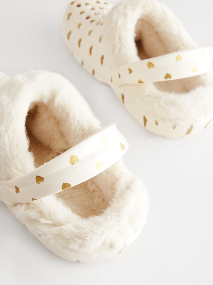 White/Gold Heart Womens Faux Fur Lined Clogs Slippers - Image 6 of 8