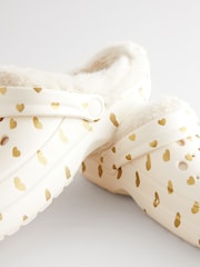 White/Gold Heart Womens Faux Fur Lined Clogs Slippers - Image 7 of 8