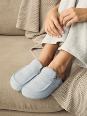 Blue Suede Loafer Mule Slippers with Borg Lining - Image 1 of 9