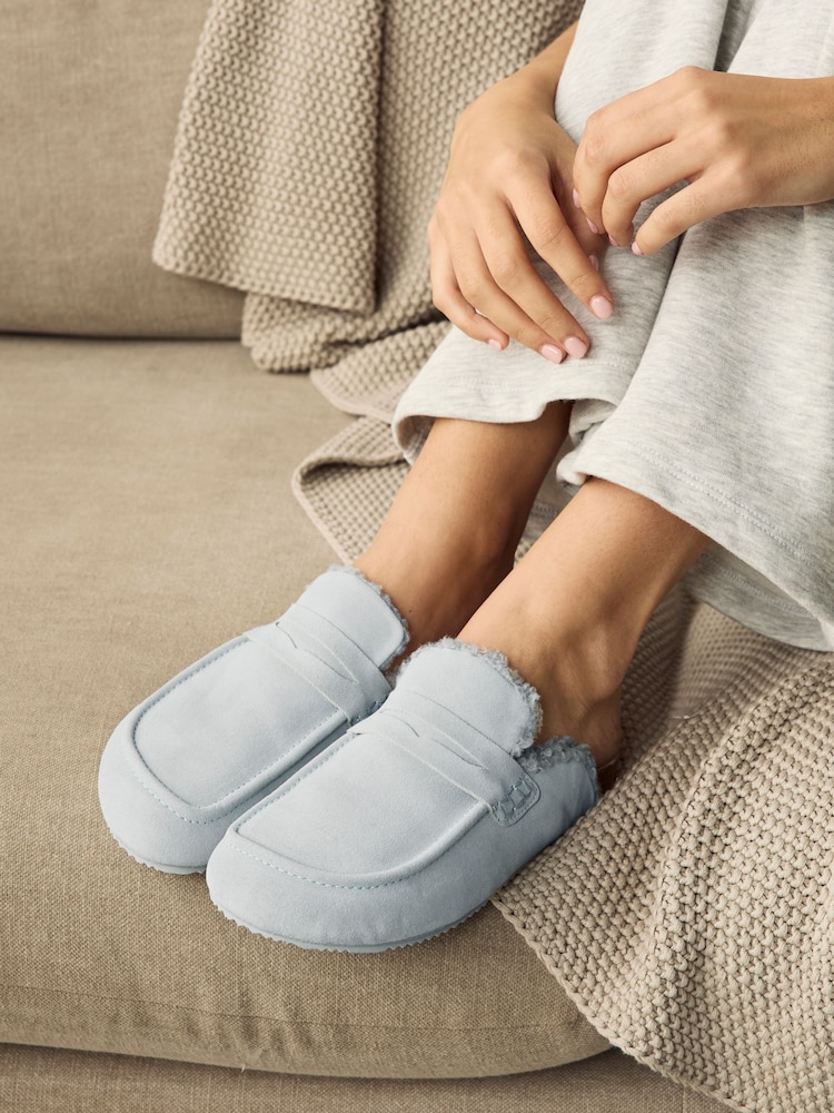 Blue Suede Loafer Mule Slippers with Borg Lining - Image 1 of 9