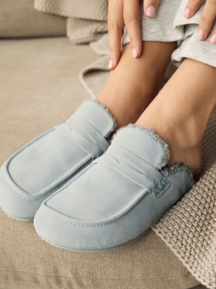 Blue Suede Loafer Mule Slippers with Borg Lining - Image 2 of 9