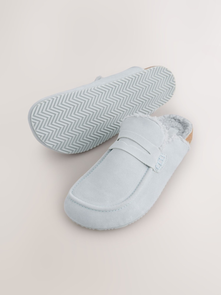 Blue Suede Loafer Mule Slippers with Borg Lining - Image 7 of 9