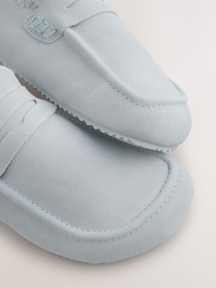 Blue Suede Loafer Mule Slippers with Borg Lining - Image 8 of 9