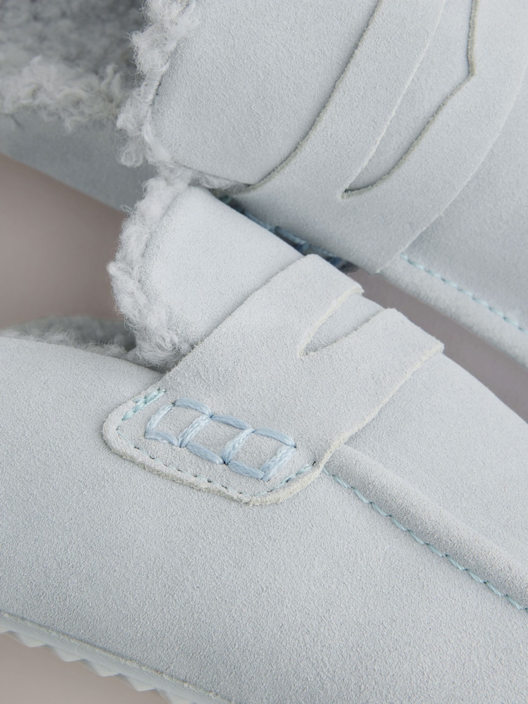 Blue Suede Loafer Mule Slippers with Borg Lining - Image 9 of 9