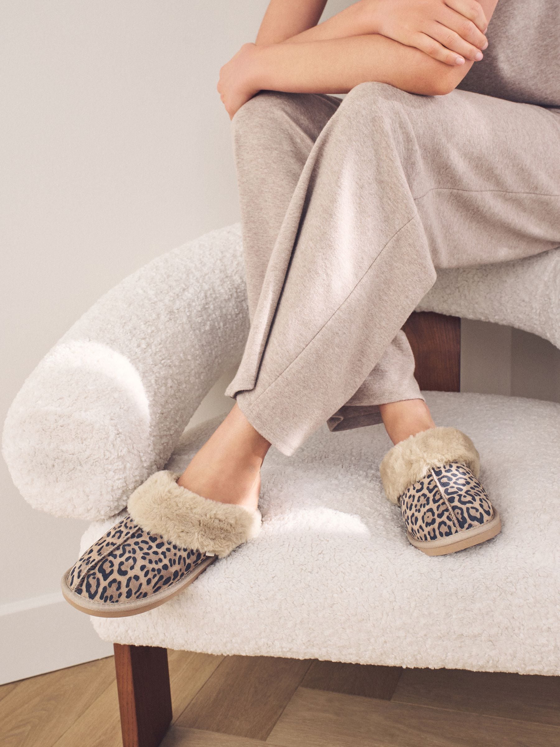 Animal Suede Faux Fur Lined Mule Slippers