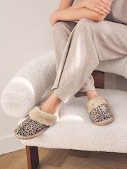 Animal Suede Faux Fur Lined Mule Slippers - Image 1 of 8