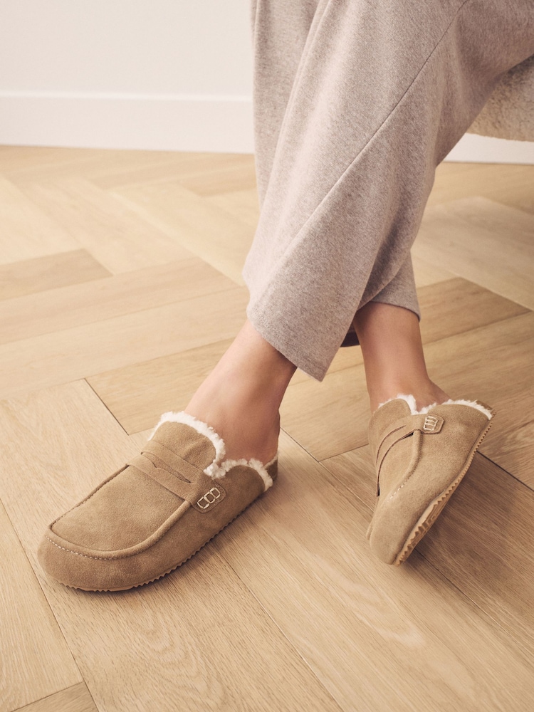 Tan Brown Suede Loafer Mule Slippers with Borg Lining - Image 1 of 9