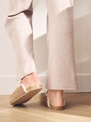 Tan Brown Suede Loafer Mule Slippers with Borg Lining - Image 2 of 9