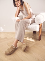 Tan Brown Suede Loafer Mule Slippers with Borg Lining - Image 3 of 9