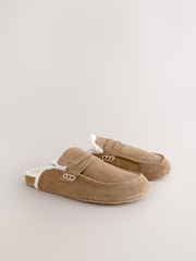 Tan Brown Suede Loafer Mule Slippers with Borg Lining - Image 4 of 9