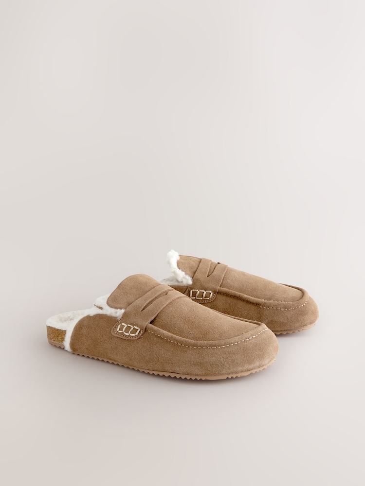 Tan Brown Suede Loafer Mule Slippers with Borg Lining - Image 4 of 9