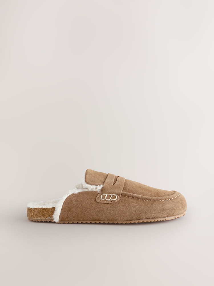 Tan Brown Suede Loafer Mule Slippers with Borg Lining - Image 5 of 9