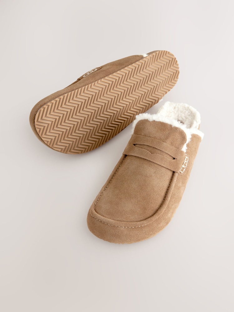 Tan Brown Suede Loafer Mule Slippers with Borg Lining - Image 6 of 9
