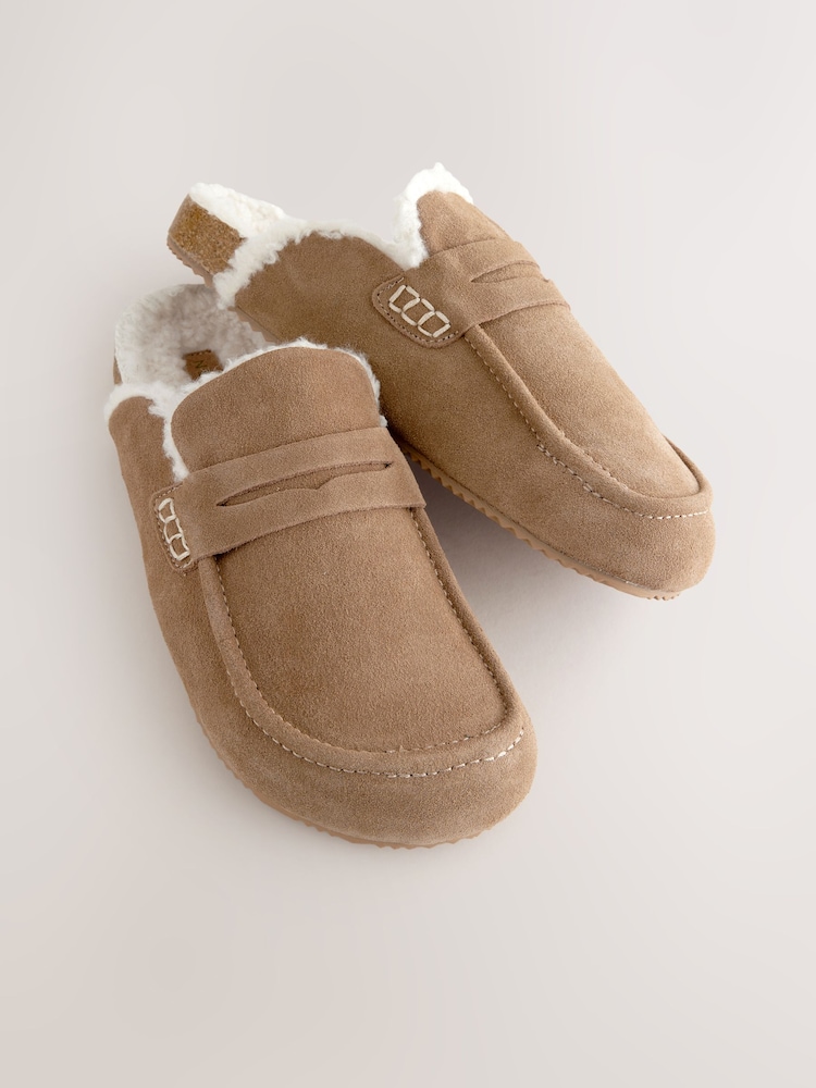 Tan Brown Suede Loafer Mule Slippers with Borg Lining - Image 7 of 9