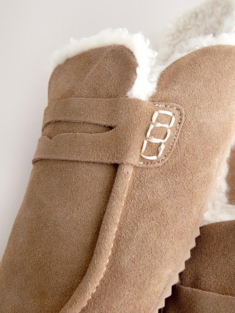 Tan Brown Suede Loafer Mule Slippers with Borg Lining - Image 9 of 9