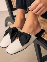 Neutral/Black Linen Blend Bow Mule Slippers - Image 2 of 8