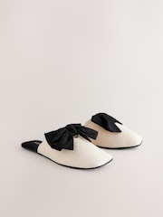 Neutral/Black Linen Blend Bow Mule Slippers - Image 3 of 8