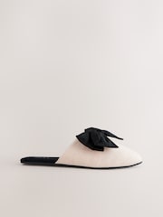 Neutral/Black Linen Blend Bow Mule Slippers - Image 4 of 8
