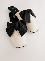 Neutral/Black Linen Blend Bow Mule Slippers - Image 5 of 8