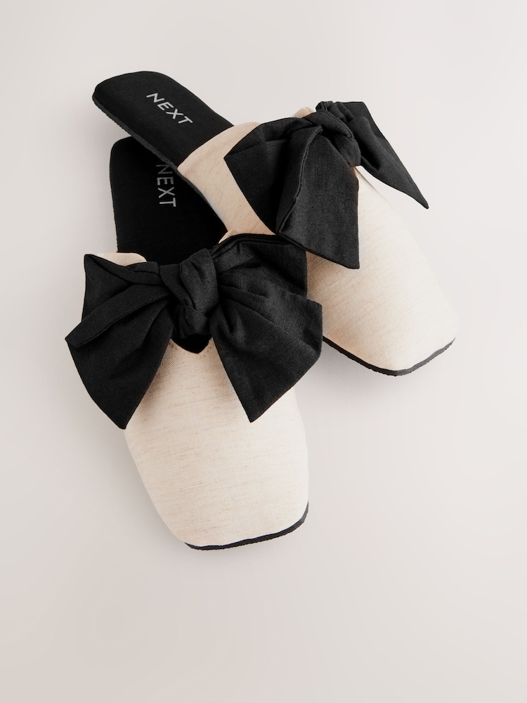 Neutral/Black Linen Blend Bow Mule Slippers - Image 5 of 8
