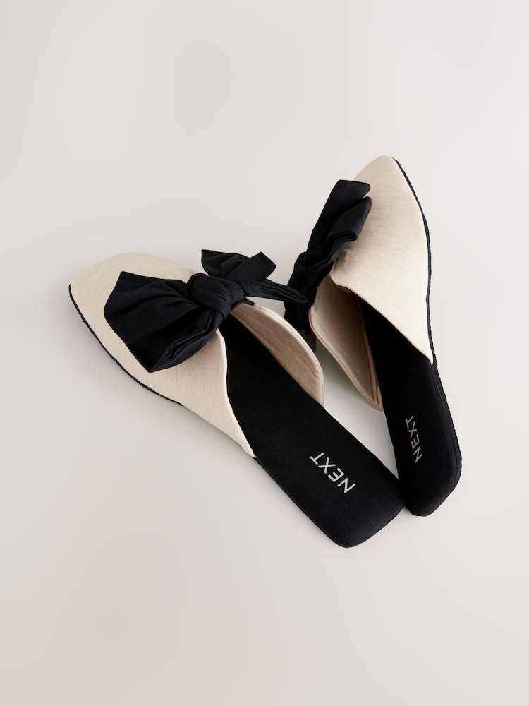 Neutral/Black Linen Blend Bow Mule Slippers - Image 6 of 8