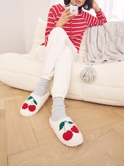 Ecru Cherries Borg Graphic Mule Slippers - Image 1 of 6