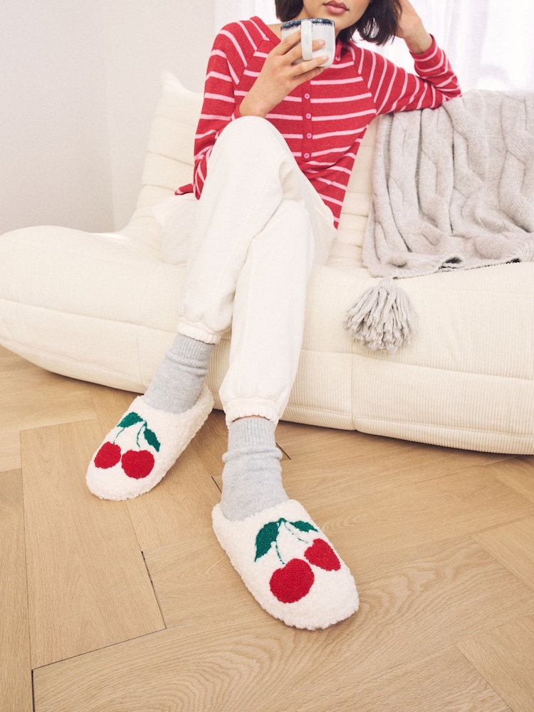 Ecru Cherries Borg Graphic Mule Slippers - Image 1 of 6