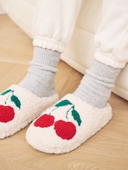 Ecru Cherries Borg Graphic Mule Slippers - Image 2 of 6