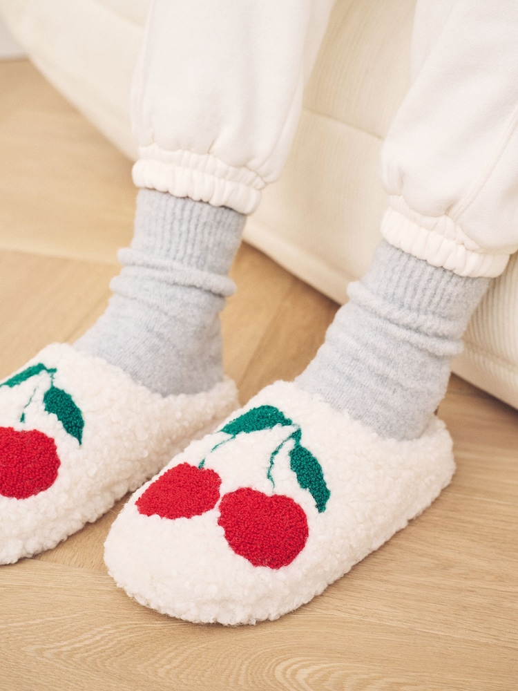 Ecru Cherries Borg Graphic Mule Slippers - Image 2 of 6