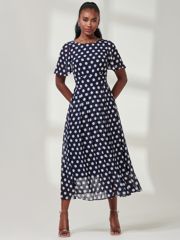 Jolie Moi Blue Spotted Chiffon Fit & Flare Midi Dress - Image 1 of 6