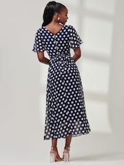 Jolie Moi Blue Spotted Chiffon Fit & Flare Midi Dress - Image 2 of 6