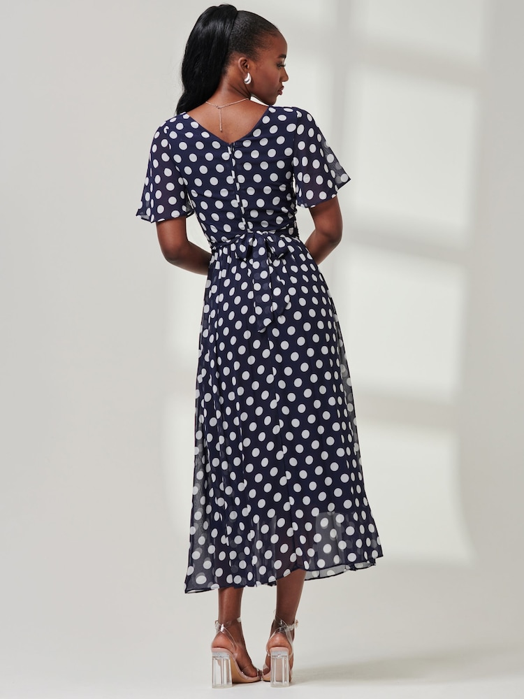 Jolie Moi Blue Spotted Chiffon Fit & Flare Midi Dress - Image 2 of 6