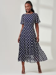 Jolie Moi Blue Spotted Chiffon Fit & Flare Midi Dress - Image 6 of 6