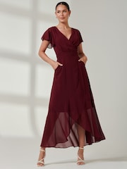 Jolie Moi Red Vicky Chiffon Frill Maxi Dress - Image 4 of 6